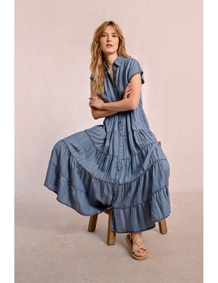 lili sidonio x molly bracken Longue robe chemise à volants DENIM BLUE