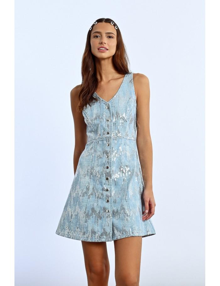Lili Sidonio X Molly Bracken Mini Robe En Jean Et Sequins LIGHT BLUE DENIM