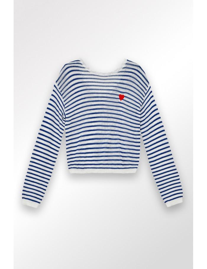 Lili Sidonio X Molly Bracken Pull Marinière Cœur Brodé OFFWHITE/NAVY BLUE