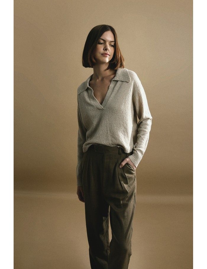 Lili Sidonio X Molly Bracken Pull Souple Col V à Revers BEIGE