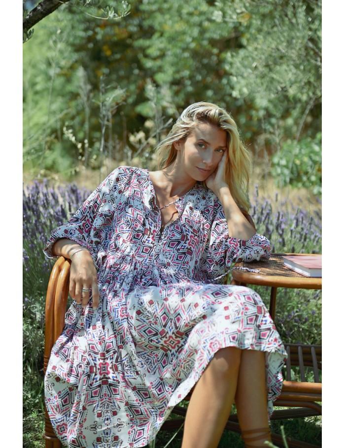 Lili Sidonio X Molly Bracken Robe Bohème Courte Imprimée CREAM PADMA