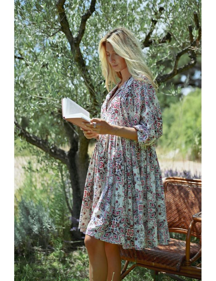 Lili Sidonio X Molly Bracken Robe Bohème Courte Imprimée CREAM PADMA