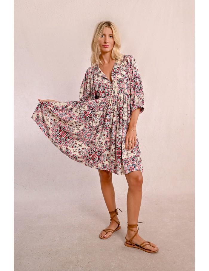 Lili Sidonio X Molly Bracken Robe Bohème Courte Imprimée CREAM PADMA