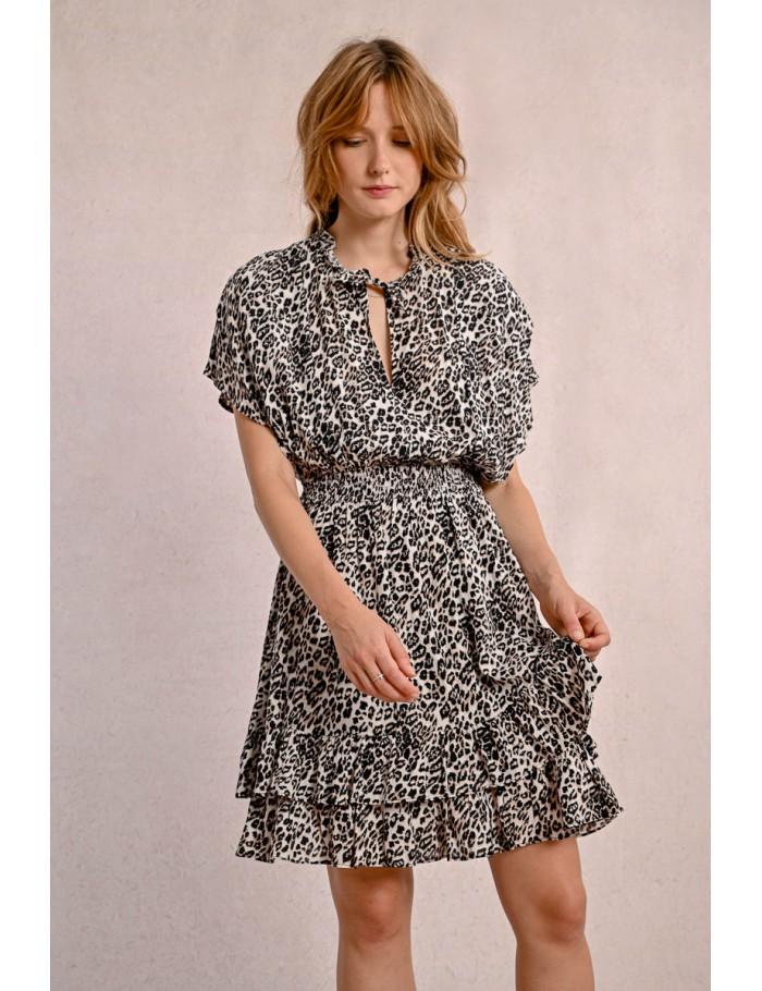 Lili Sidonio X Molly Bracken Robe Courte à Volants Léopard BEIGE GEETA