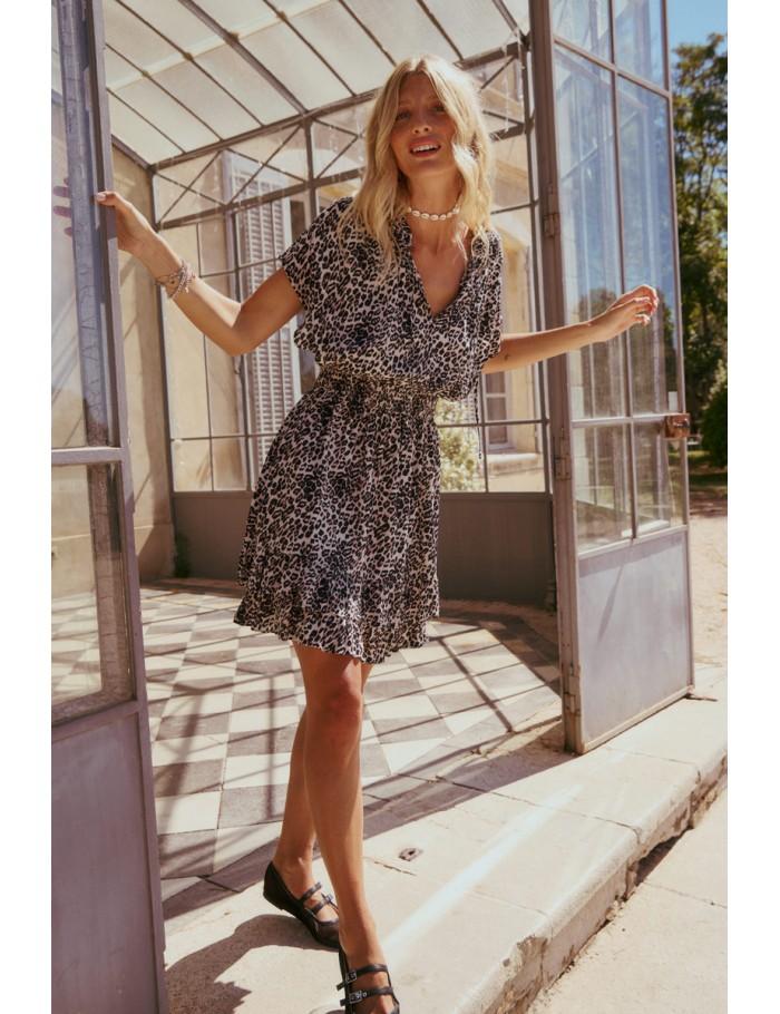 lili sidonio x molly bracken Robe courte à volants léopard BEIGE GEETA