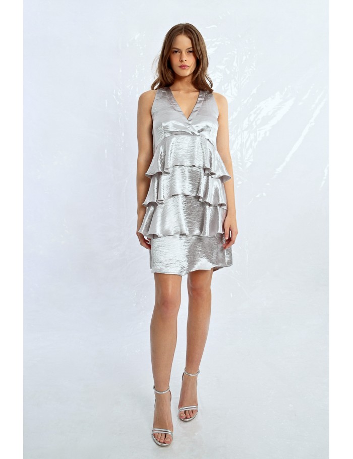 Lili Sidonio X Molly Bracken Robe Courte Satinée à Larges Volants ARGENT