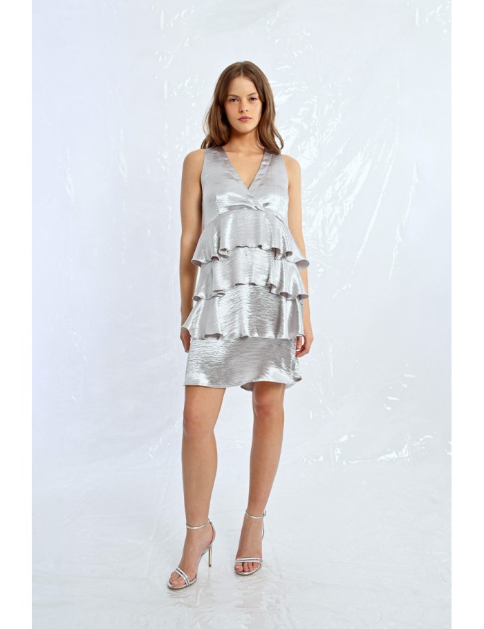 Lili Sidonio X Molly Bracken Robe Courte Satinée à Larges Volants ARGENT