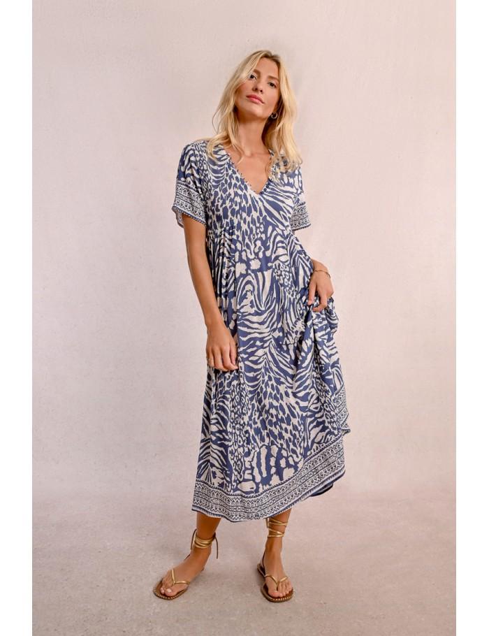 Lili Sidonio X Molly Bracken Robe Longue à Imprimé DENIM BLUE MAGGY