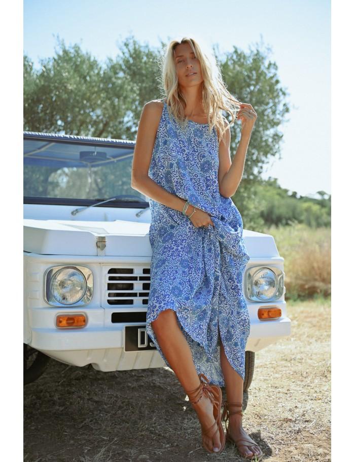 Lili Sidonio X Molly Bracken Robe Longue Imprimée à Fines Bretelles BLUE ASHA