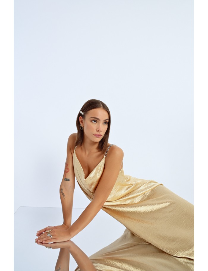 Lili Sidonio X Molly Bracken Robe Longue Satinée Col Bénitier OR