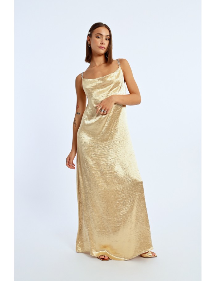 lili sidonio x molly bracken Robe longue satinée col bénitier OR