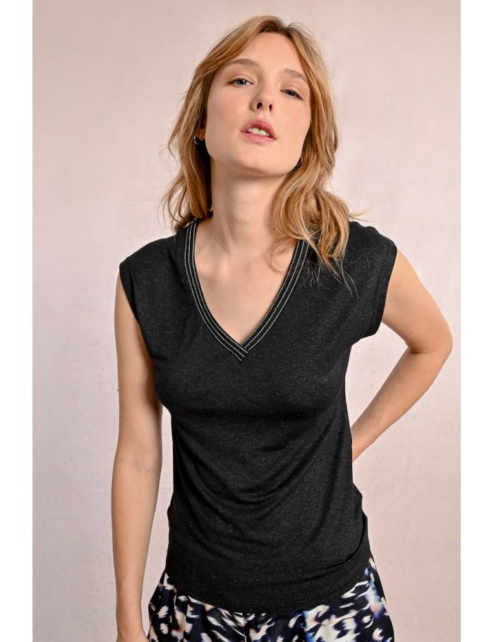 Lili Sidonio X Molly Bracken T Shirt à Col V Orné De Strass CAMEL