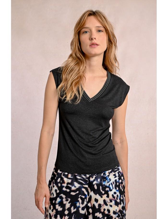 Lili Sidonio X Molly Bracken T Shirt à Col V Orné De Strass CAMEL