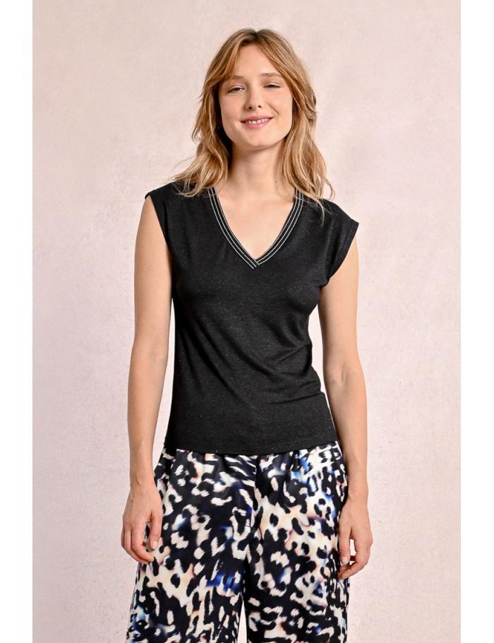 Lili Sidonio X Molly Bracken T Shirt à Col V Orné De Strass CAMEL