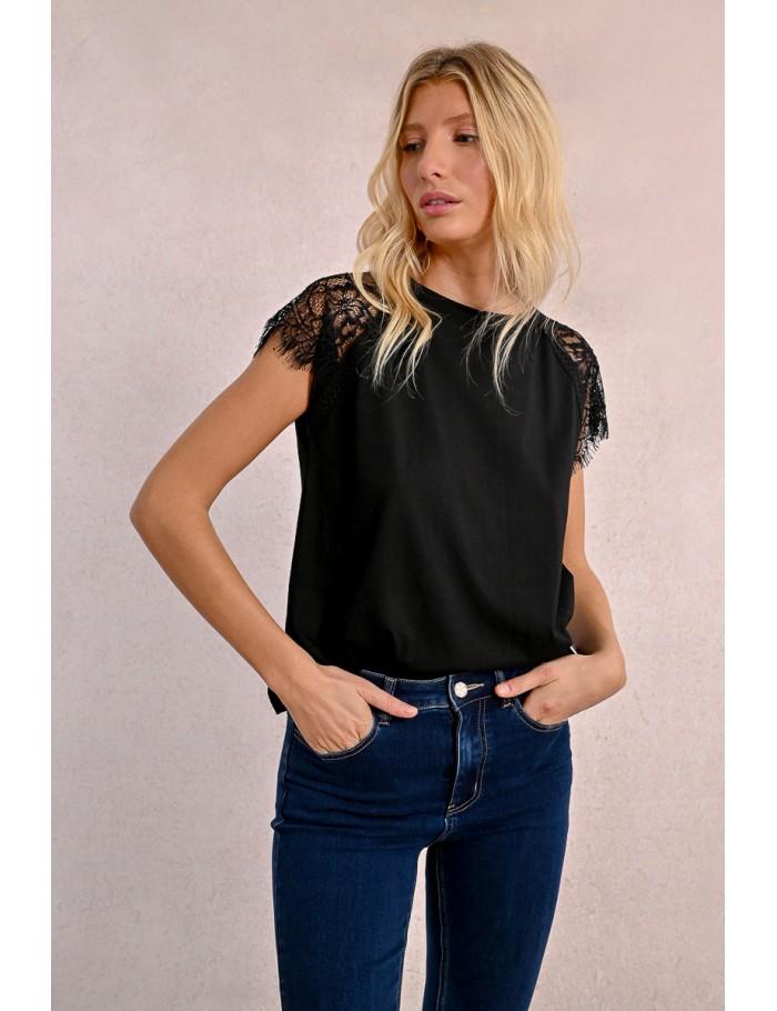 Lili Sidonio X Molly Bracken T Shirt Avec Détail Dentelle Sur Les épaules BLACK
