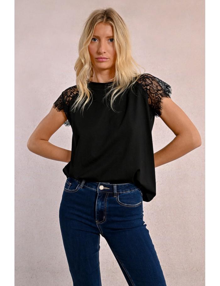 Lili Sidonio X Molly Bracken T Shirt Avec Détail Dentelle Sur Les épaules BLACK