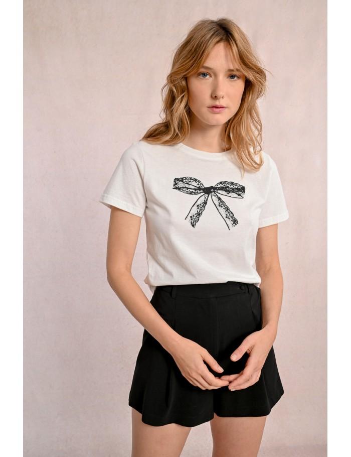 Lili Sidonio X Molly Bracken T Shirt Cintré Avec Motif Noeud Dentelle ÉCRU