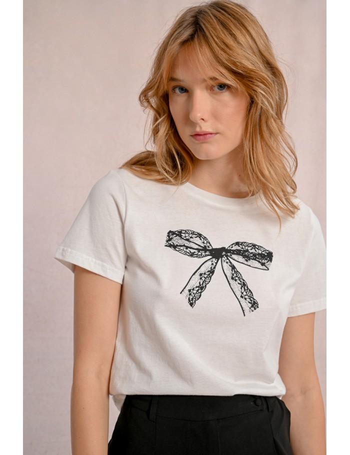 Lili Sidonio X Molly Bracken T Shirt Cintré Avec Motif Noeud Dentelle ÉCRU