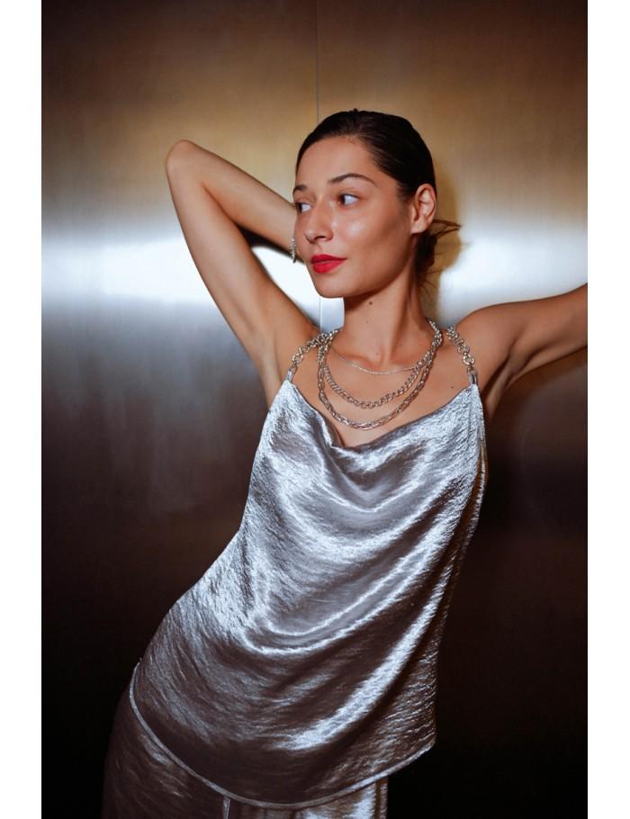 Lili Sidonio X Molly Bracken Top à Bretelles à Strass Effet Satiné OR