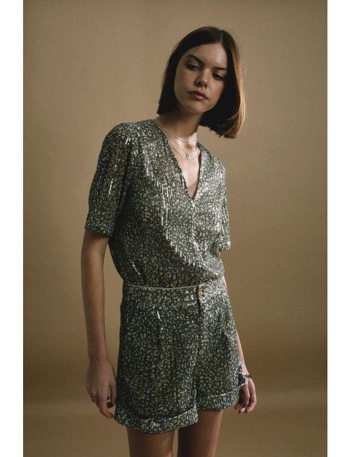 lili sidonio x molly bracken Top imprimé dos avec fente KAKI