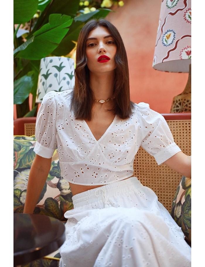 Lili Sidonio X Molly Bracken Top Manches Ballons à Broderies Anglaises WHITE