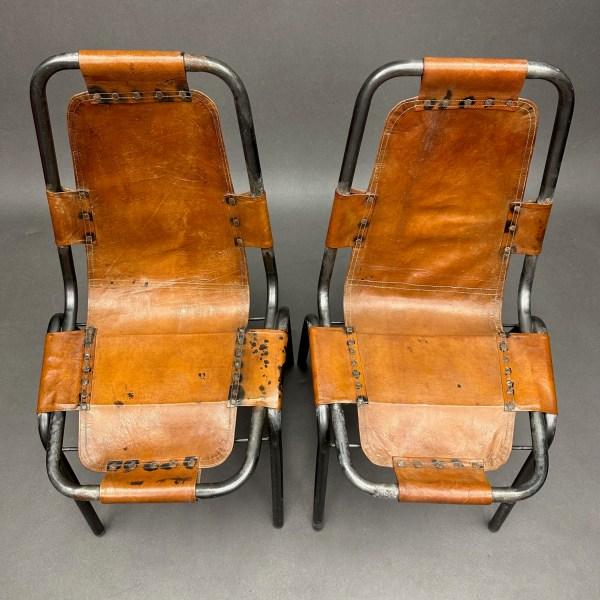 Linea Due Paire De Chaises En Métal Et Cuir Les Arcs – 1960 Charlotte Perriand