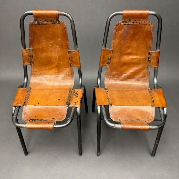Linea Due Paire De Chaises En Métal Et Cuir Les Arcs – 1960 Charlotte Perriand