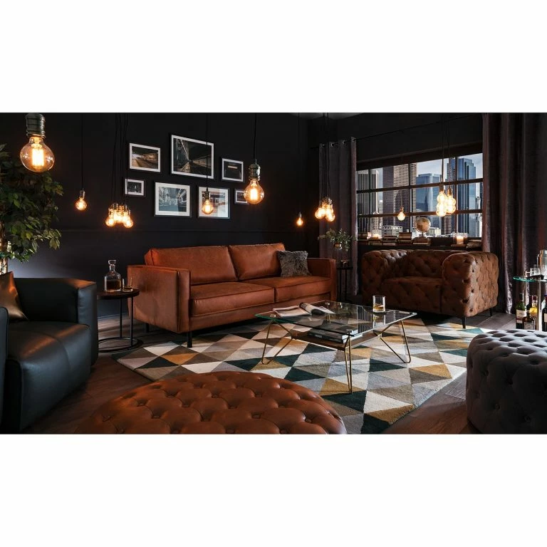 Loftscape Ars Manufacti Canapé 3 Places FORT DODGE – Aspect Cuir Vieilli – Microfibre Yaka: Cognac