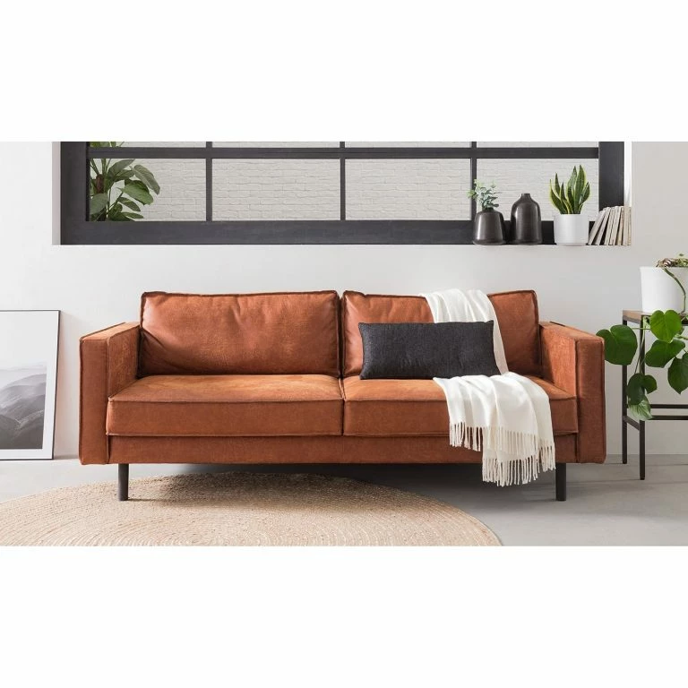 Loftscape Ars Manufacti Canapé 3 Places FORT DODGE – Aspect Cuir Vieilli – Microfibre Yaka: Cognac