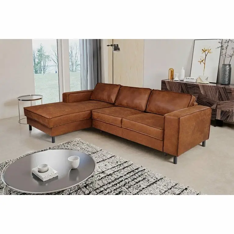 Loftscape Ars Manufacti Canapé D’angle FORT DODGE – Aspect Cuir Vieilli – Microfibre Yaka: Cognac – Méridienne Courte à Gauche (vue De Face) – Avec Fonction Couchage