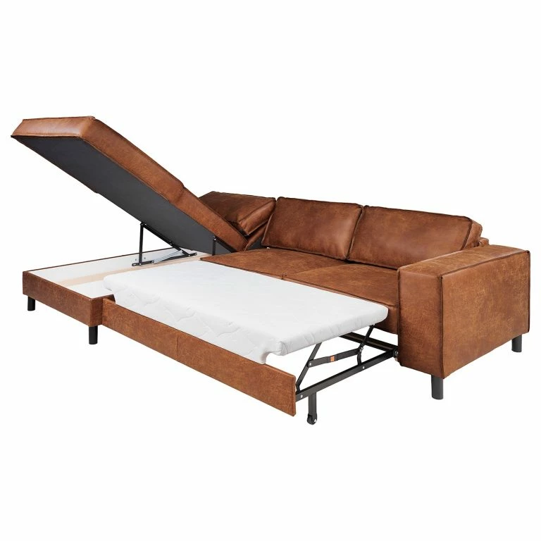 Loftscape Ars Manufacti Canapé D’angle FORT DODGE – Aspect Cuir Vieilli – Microfibre Yaka: Cognac – Méridienne Courte à Gauche (vue De Face) – Avec Fonction Couchage