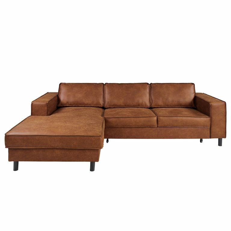 Loftscape Ars Manufacti Canapé D’angle FORT DODGE – Aspect Cuir Vieilli – Microfibre Yaka: Cognac – Méridienne Courte à Gauche (vue De Face) – Avec Fonction Couchage