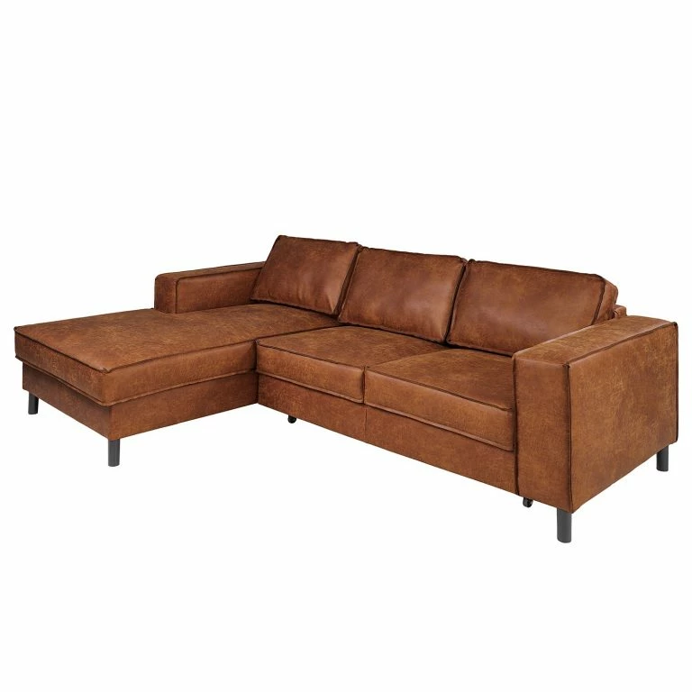 loftscape Ars manufacti Canapé d’angle FORT DODGE – Aspect cuir vieilli – Microfibre Yaka: Cognac – Méridienne courte à gauche (vue de face) – Avec fonction couchage