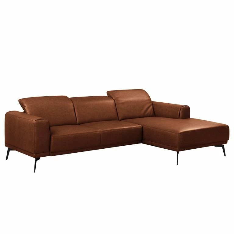 loftscape Ars manufacti Canapé d’angle Kalies – Cuir véritable – Cuir Padme: Cognac – Méridienne courte à droite (vue de face) – Avec réglage de la profondeur d’assise
