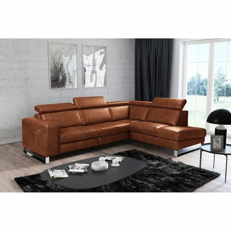 Loftscape Ars Manufacti Canapé D’angle Magas – Cuir Véritable – Cuir Padme: Cognac – Méridienne Longue à Droite (vue De Face) – Fonction Relaxation