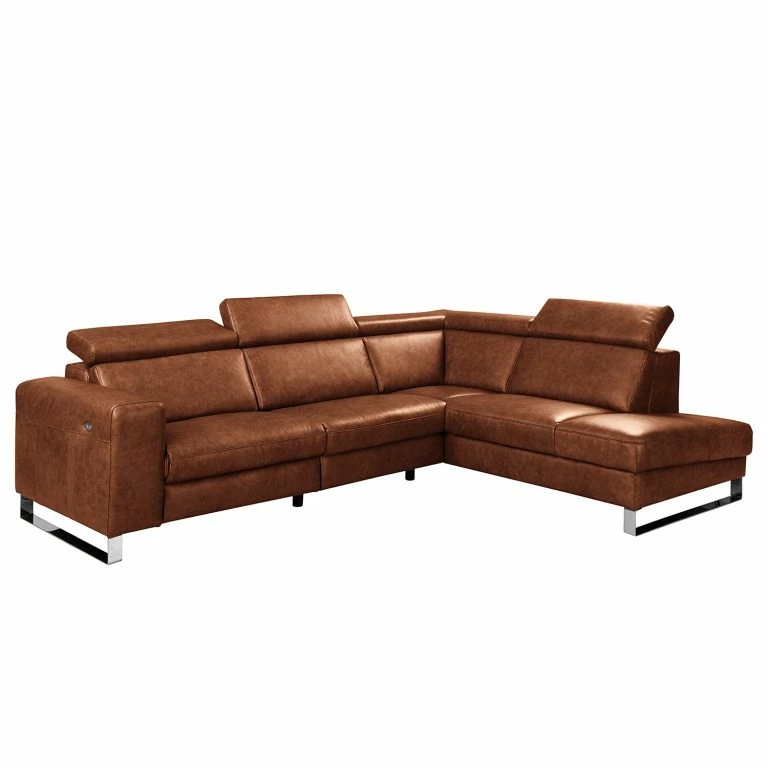 loftscape Ars manufacti Canapé d’angle Magas – Cuir véritable – Cuir Padme: Cognac – Méridienne longue à droite (vue de face) – Fonction relaxation