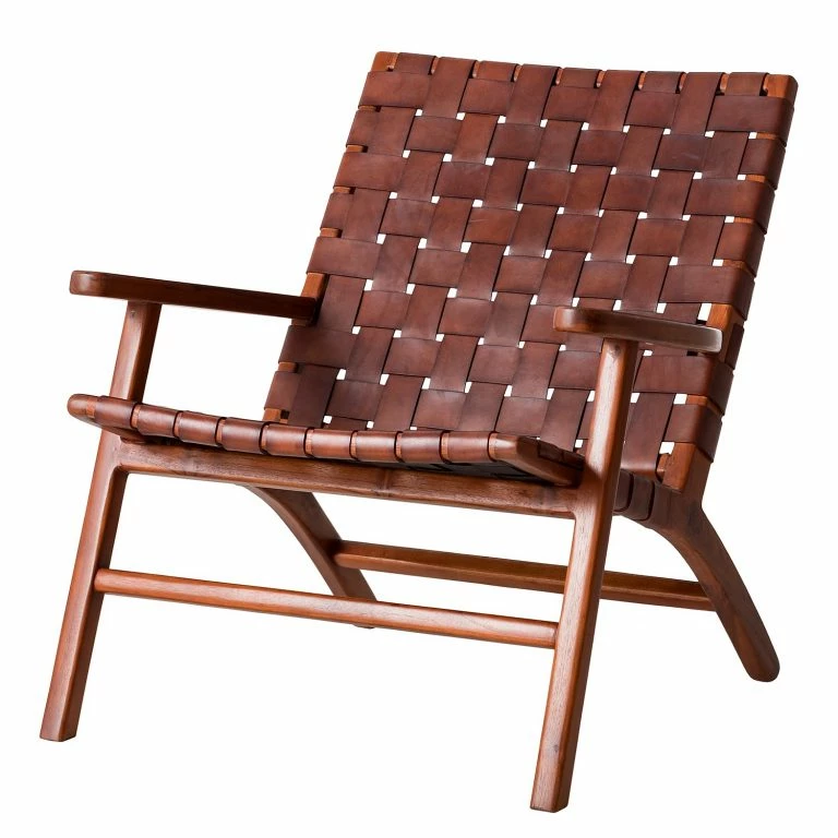 loftscape Ars manufacti Fauteuil design Bourbourg – Cuir tressé / Teck massif – marron cognac / Teck