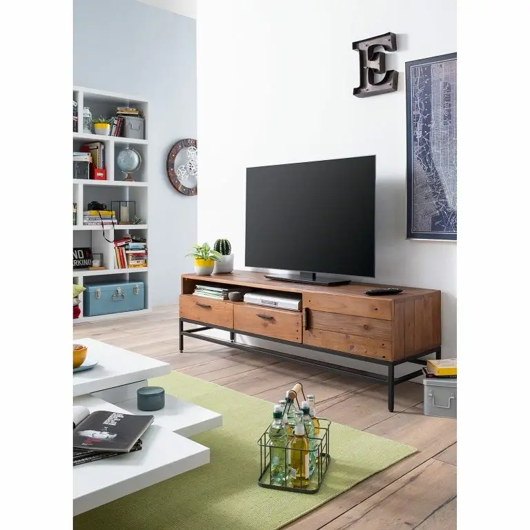 Loftscape Ars Manufacti Meuble TV Grasby I – Pin Recyclé / Métal – Pin Foncé / Noir