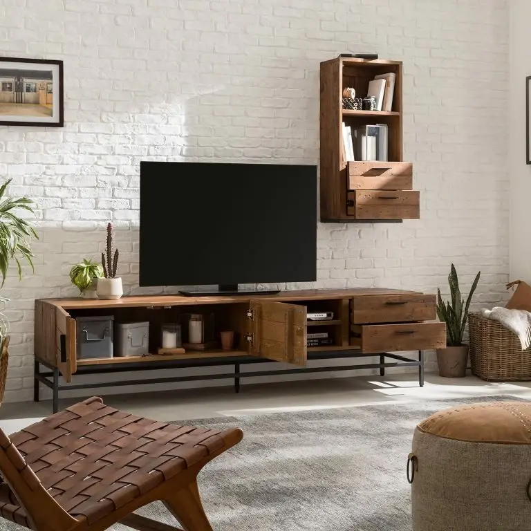 Loftscape Ars Manufacti Meuble TV Grasby III – Pin Recyclé / Métal – Pin Foncé / Noir