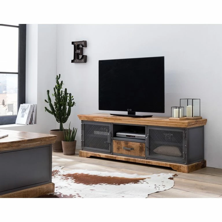Loftscape Ars Manufacti Meuble TV Hunter II – Manguier Massif / Métal – Manguier / Gris Bleu