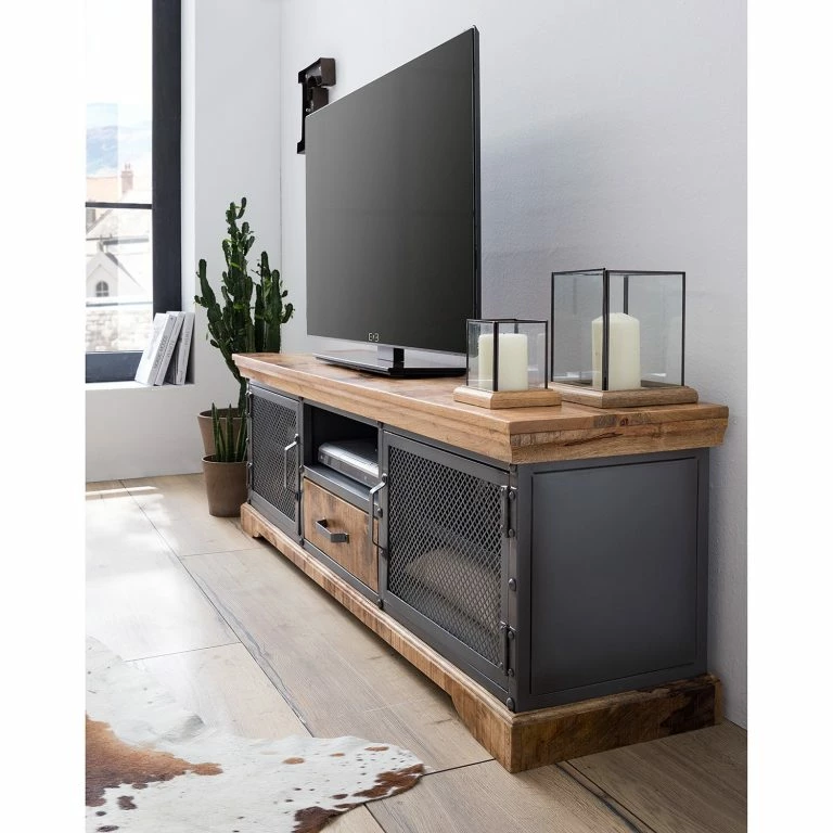 Loftscape Ars Manufacti Meuble TV Hunter II – Manguier Massif / Métal – Manguier / Gris Bleu
