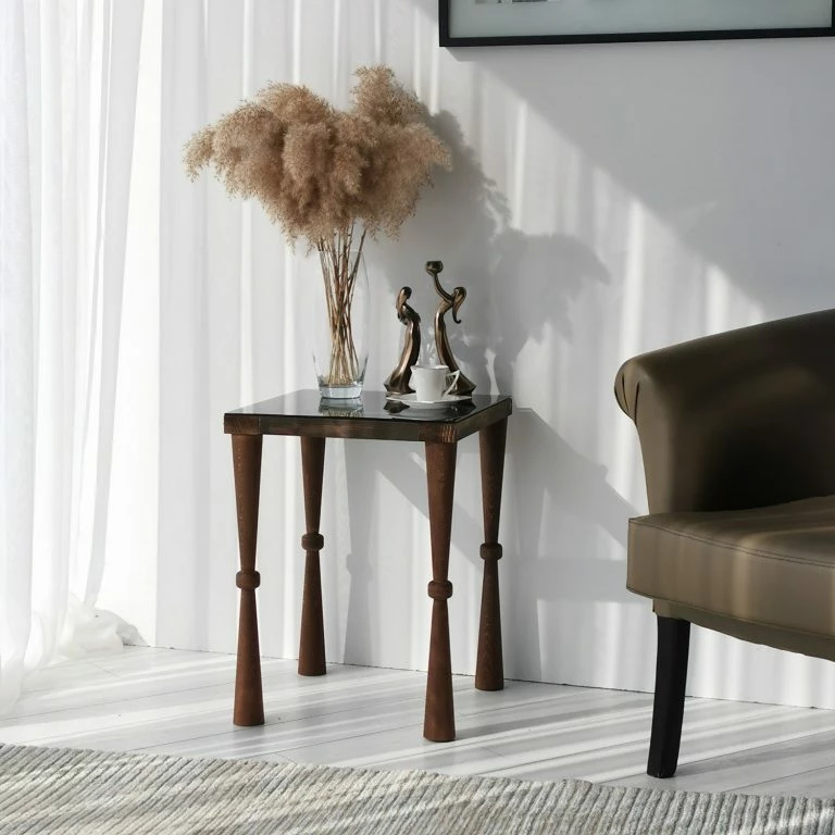 Loftscape Ars Natura Bout De Canapé Donatella – Verre / Noyer Massif – Noir Fumé / Noyer Clair