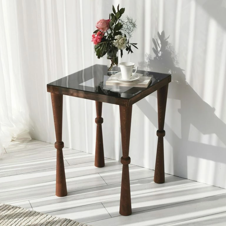 Loftscape Ars Natura Bout De Canapé Donatella – Verre / Noyer Massif – Noir Fumé / Noyer Clair