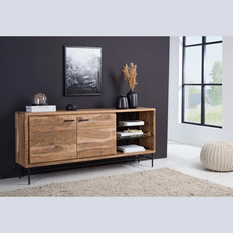 Loftscape Ars Natura Buffet Roody – Avec éclairage – Acacia Massif / Métal – Acacia / Noir