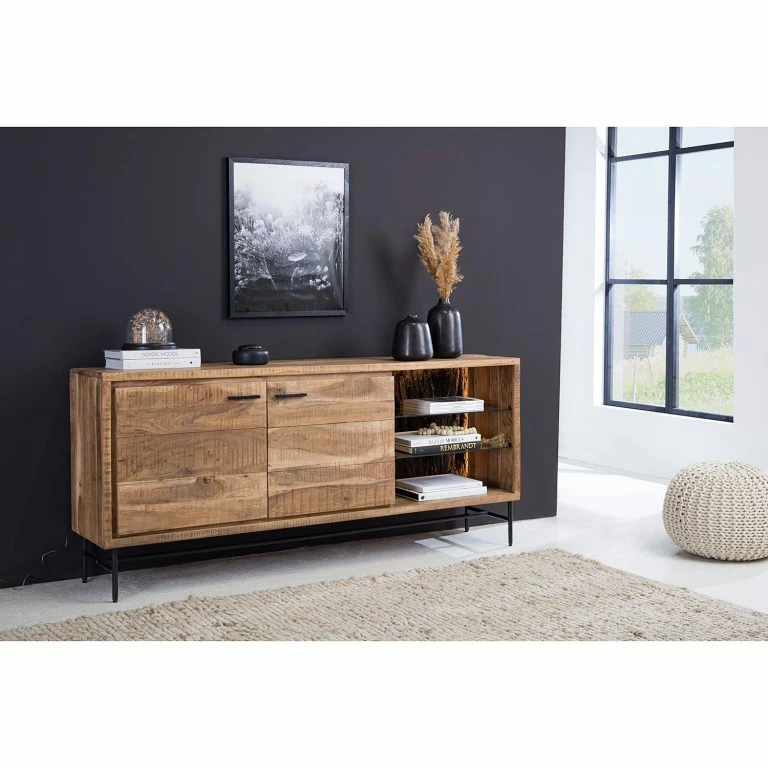 Loftscape Ars Natura Buffet Roody – Avec éclairage – Acacia Massif / Métal – Acacia / Noir