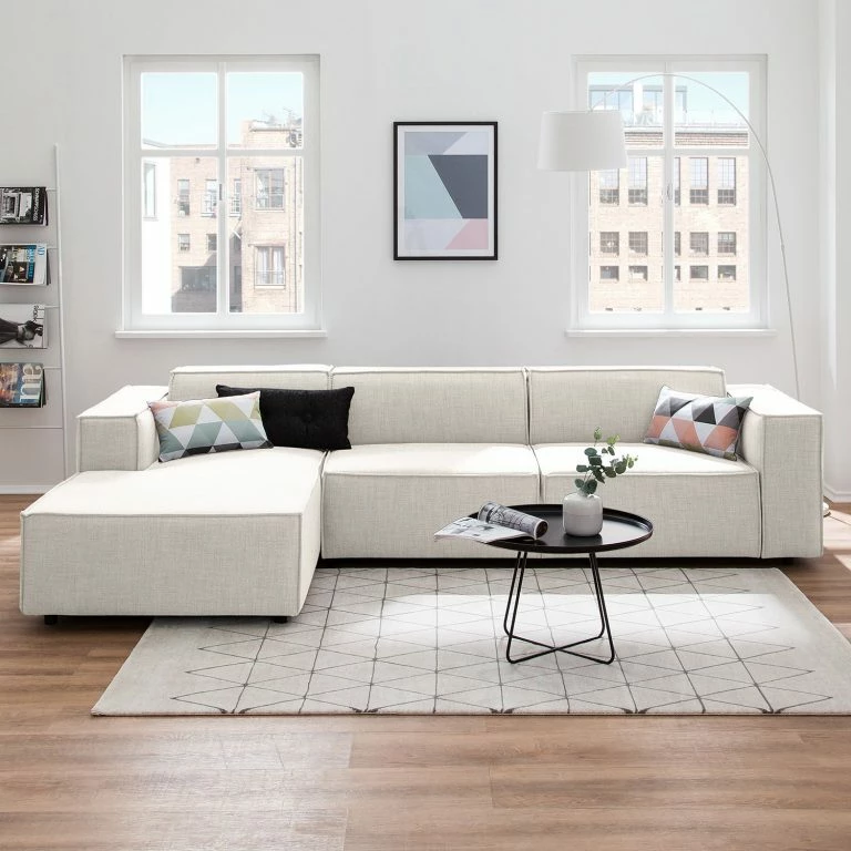 Loftscape Canapé D’angle Kinx II – Tissu Milan : Blanc Vieilli – Méridienne Courte à Gauche (vue De Face) – Sans Fonction