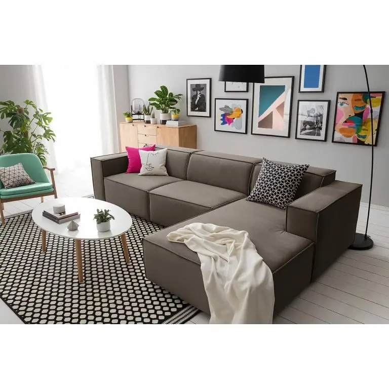 Loftscape Canapé D’angle Kinx V – Velours – Velours Shyla: Taupe – Méridienne Courte à Droite (vue De Face)