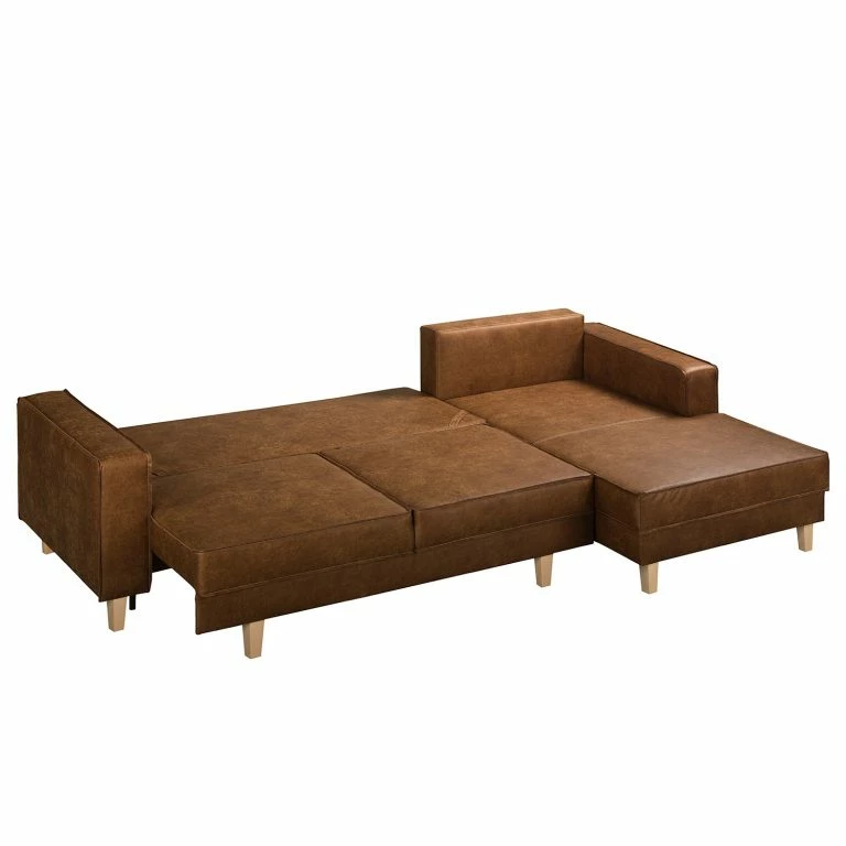 Loftscape Canapé D’angle MAISON Fonction Couchage – Tissu Composite Dalia: Marron Clair – Méridienne Courte à Droite (vue De Face)