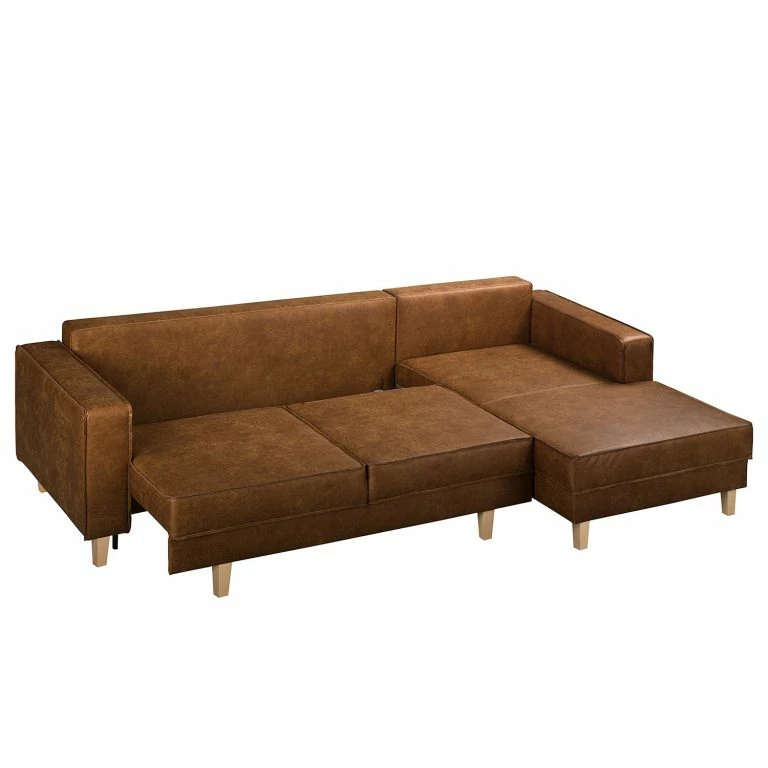 Loftscape Canapé D’angle MAISON Fonction Couchage – Tissu Composite Dalia: Marron Clair – Méridienne Courte à Droite (vue De Face)