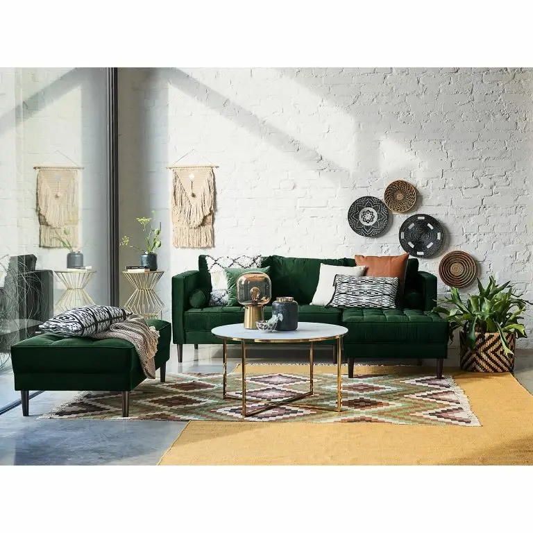 Loftscape Eva Padberg Collection Canapé D’angle LAONA – Velours Pauno: Vert Foncé – Méridienne Courte à Droite (vue De Face) – Avec Repose-pieds